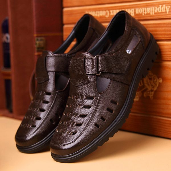 Men Hook Loop Hollow Out Breathale Soft Leather Shoes