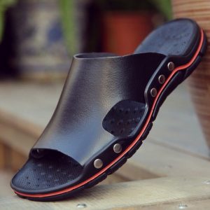 Men Large Size Non-Slip Leather Slippers Beach Shoes