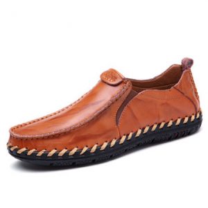 Men Leather Hand Stitching Soft Breathable Slip On Casual Shoes