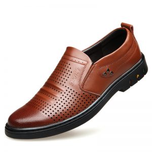 Men Leather Hole Breathable Non Slip Slip On Soft Casual Formal Shoes