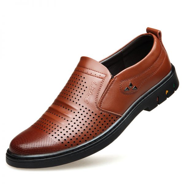 Men Leather Hole Breathable Non Slip Slip On Soft Casual Formal Shoes