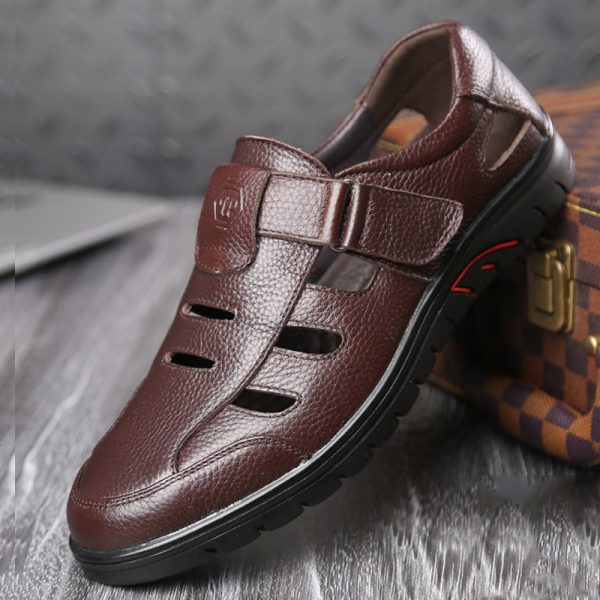 Men Leather Hook Loop Shoes Hollow Out Breathable Sandals