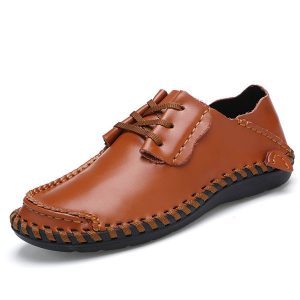 Men Leather Lace Up Flat Weave Casual Soft Shoes