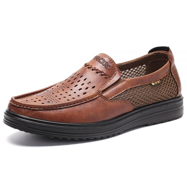 Men Leather Mesh Splicing Breathable Large Size Slip On Casual Shoes