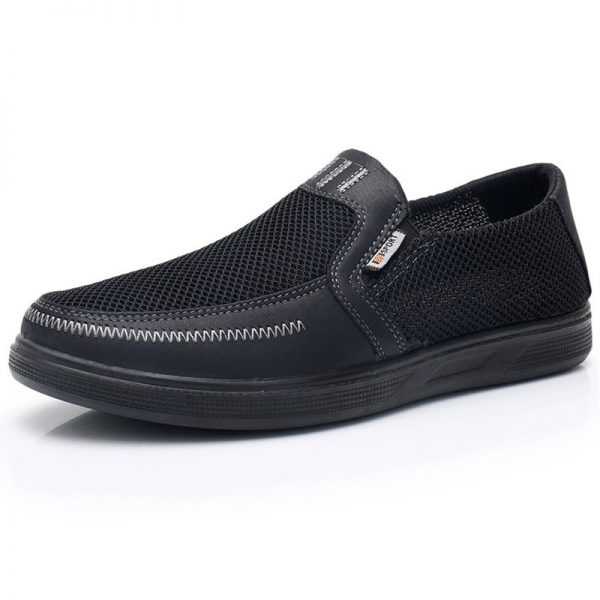 Men Mesh Leather Splicing Breathable Slip On Soft Casual Shoes