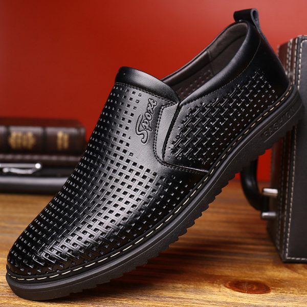 Men Non Slip Hole Breathable Slip On Casual Leather Shoes