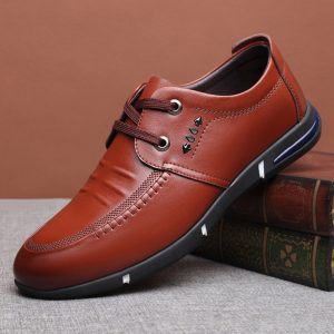 Men Pure Color Cow Leather Non Slip Soft Sole Casual Driving Shoes