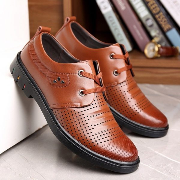 Men Pure Color Leather Non Slip Hole Breathable Casual Formal Shoes