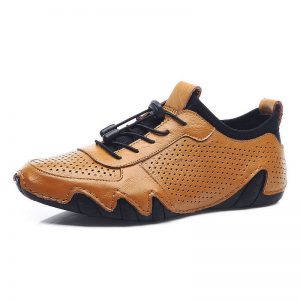 Men Round Toe Elastic Lace Up Soft Sole Casual Hole Leather Shoes