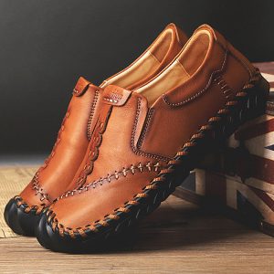 Men Vintage Hand Stitching Toe Protective Slip On Casual Leather Shoes