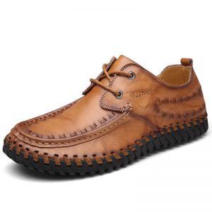 Men Woven Style Hand Stitching Non Slip Soft Sole Casual Leather Shoes