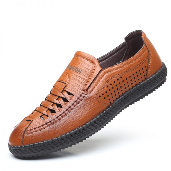 Men Woven Style Hole Breathable Non Slip Slip On Soft Sole Casual Leather Shoes