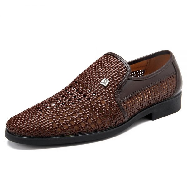 Men Woven Style Leather Hollow Out Breathable Casual Shoes