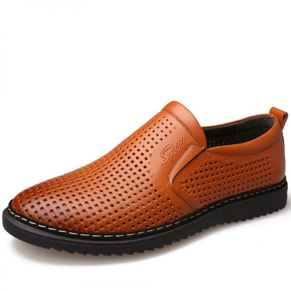 Men Woven Style Leather Hollow Out Breathable Non-slip Casual Shoes