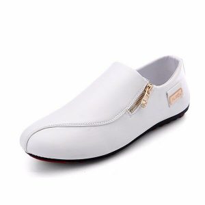 Men Zipper Slip On Pure Color White Flat Stitching Shoes