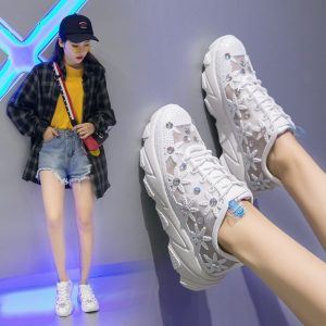 Mesh Lace Rhinestones Thick Bottom Old Shoes Season New Muffin S Hollow Shoes Sneakers White Shoes Female Hair