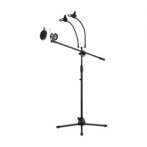 Metal Microphone Floor Stand Tripod Adjustable Height with Boom Arm 3 Mic Holders & 1 Smartphone Holder for Studio Outdoor Cellphone Live Streaming