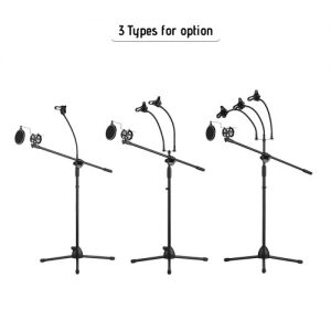 Metal Microphone Floor Stand Tripod Adjustable Height with Boom Arm 3 Mic Holders & 1 Smartphone Holder for Studio Outdoor Cellphone Live Streaming