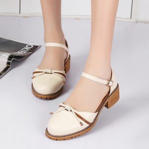 Mid-heeled Women's Shoes New Hundred Tower Bow Small Shoes Hollow Sandals Women