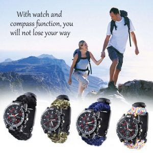 Multifunction Woven Strap Outdoor Survival Camping Watch with Compass Rescue Equipment Tool