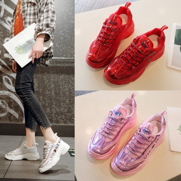 Net Red Ins Super Chinese Red Old Shoes Women's New Mesh Laser Sneakers Thick Bottom Wild Tide