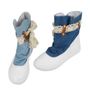 New Fashion Women Flat Boots Lace Knot Denim Patchwork Slip On Round Toe Casual Bootie Shoes Blue/ Dark Blue