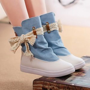 New Fashion Women Flat Boots Lace Knot Denim Patchwork Slip On Round Toe Casual Bootie Shoes Blue/ Dark Blue