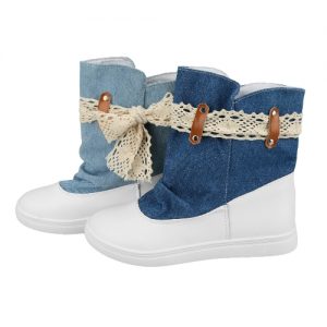 New Fashion Women Flat Boots Lace Knot Denim Patchwork Slip On Round Toe Casual Bootie Shoes Blue/ Dark Blue