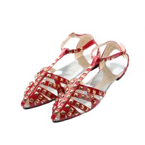 New Fashion Women Flat Sandals Solid Color Hollow Out Rivet Casual Summer Beach Pointed Shoes Black/Silver/Red