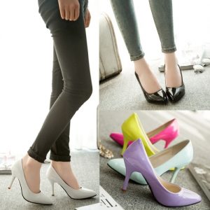 New Fashion Women Pumps Patent Leather Candy Color Pointed Toe High Heels Simple Shoes