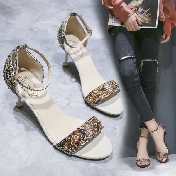 New High Heel Sandals Ladies Fairy Fashion Flower Cloth Rhinestone Word Buckle Open Toe Roman Shoes