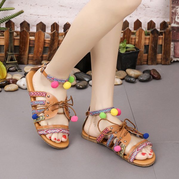 New Large Size Female Sandals Bohemian Color Matching Beach Shoes Fur Ball