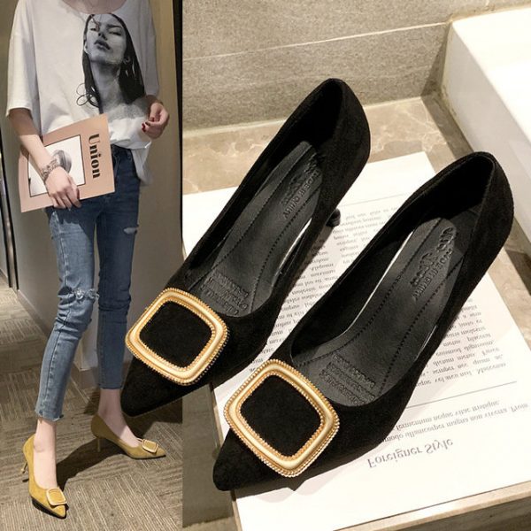 New Pointed Stiletto Heels Female Metal Buckle Suede Shallow Mouth Large Size 43 Single Shoes