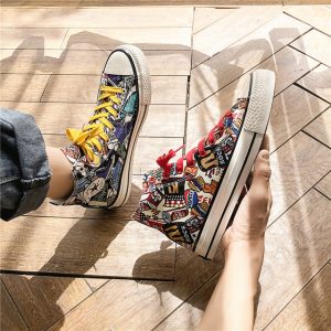 New Season Canvas Shoes Men's Tide Shoes Men's Fashion Casual Men's Shoes Flat High To Help Graffiti Shoes Wild