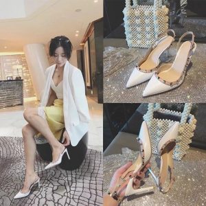 New Sexy High-heeled Sandals Shallow Mouth Baotou Word Buckle With Pointed Stiletto Single Shoes Rivet Female Side Air