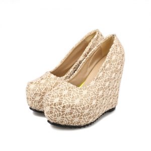 New Sexy Women Wedges Glittering Lace Platform Sole Heeled Shoes Pumps Beige & Closed Toe