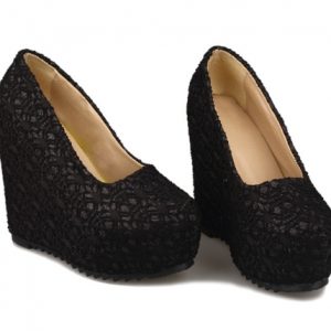 New Sexy Women Wedges Glittering Lace Platform Sole Heeled Shoes Pumps Black & Closed Toe