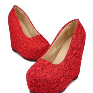 New Sexy Women Wedges Glittering Lace Platform Sole Heeled Shoes Pumps Red & Closed Toe