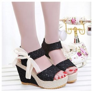 New Summer Fashion Lace High Wedges Peep Toe Platform Sole Slingback Shoes Sandals Black