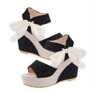 New Summer Fashion Lace High Wedges Peep Toe Platform Sole Slingback Shoes Sandals Black