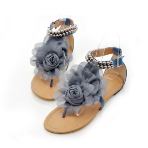 New Summer Women Girls Flats Toe-post Beaded Flower Flip-flop Sandals Shoes Blue