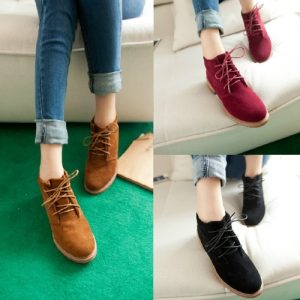 New Vintage Women Ankle Boots Lace Up Flat Heel Flock Shoes Burgundy