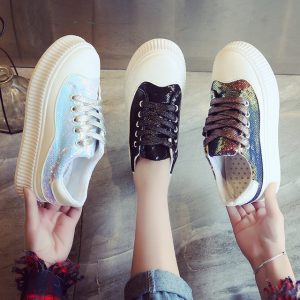 New Year Sequined Lace-up Sneakers Fashion Round Head Women's Shoes Flat With Muffin Shoes