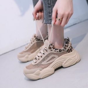 Old Shoes Women's Season New Muffin With Platform Women's Shoes Leopard Mesh Breathable Student Sports Shoes