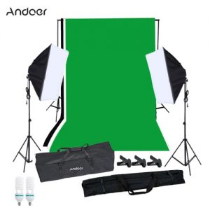 Photography Softbox Lighting Kit with Studio Background Stand Black White Green Backdrop 125W Light Bulbs Single-capped Softbox Lighting Stand Mini Clips