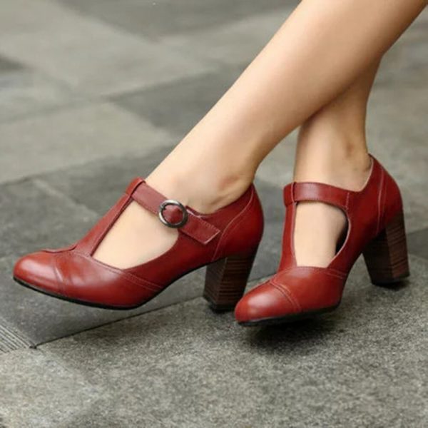 Plus Size Women Retro Pumps High Chunky Heel Belt Buckle Single Shoes