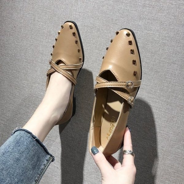 Pointed Flat Flat Shoes Female Flat With French Work Shoes Rivet Fashion Harajuku Mary Women's Shoes Cross With New