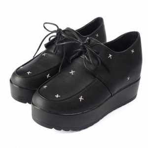 Retro Black Cross Lace Up Flat Platform Shoes