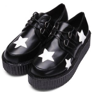 Retro Black Five Ponited Star Platform Lace Up Round Toe Flat Shoes