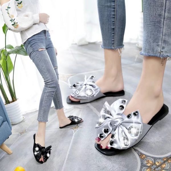 Rhinestone Word Slippers Ladies Season New Bow Sandals And Slippers Flat Wear Women's Shoes